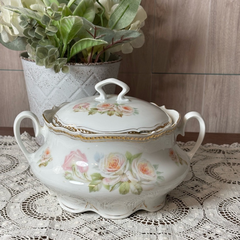 Vintage Antique P.K. Silesia Rose Porcelain Cracker Jar with Lid or Serving Dish - Picture 2 of 9